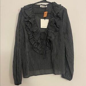 Black and White Striped Ruffle Blouse